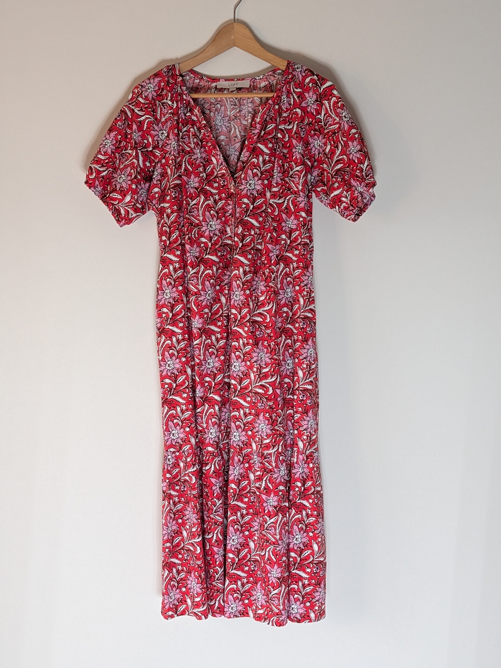 LOFT Red Floral Maxi Dress with V-Neck